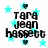Pixelated text 'Tara Jean hasset' appears four times on a white background with cyan stars and black hearts, with visible animation changes between frames.