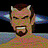 Pixelated face with light brown skin tone, dark hair, and a goatee, set against a dark background with blue and purple horizontal bands.