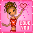 Pixel art contact sheet of two animated frames showing a cartoon woman holding a heart with pink sparkles against a pink background, with "LOVE YOU" text below.