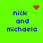 Green background with blue text reading 'nick and michaela' in four quadrants, each with a red pixelated symbol above or beside the text.