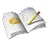 Open book with yellow pencil resting on pages, visible text lines and blue header line, repeated in