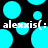 Pixelated cyan circles float on black background with repeated white text 'alexismis(' in lower center.