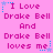 Pink background with repeated text "I Love Drake Bell And Drake Bell loves me" in magenta, each line accompanied by a blue star with a dotted trail.
