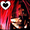 A pixelated image of a person with long red hair and dark clothing, featuring two heart icons in the top corners.