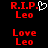 Red pixelated text on black background with white heart symbol replacing the period in R.I.P. Leo, and Love Leo below.