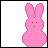 Pixelated pink bunny icon with brown eyes and nose, showing sequential eating actions and text labels like 'CRUNCH', 'chomp', 'bite', 'munch', and 'PEEPS' in pink and black.