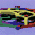 Pixelated abstract composition with layered geometric shapes in yellow, green, blue, red, and purple against a light purple background.