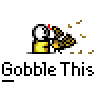 A 4-frame animated contact sheet showing a yellow stick figure gobbling brown food particles with a red-topped white head, repeated in two rows beneath the text "Gobble This Gobble This" on a gray background.