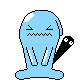 A blue pixelated character with white stripes on its arms holds a black bat-like object, displaying multiple facial expressions and arm positions across a
