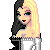 Pixelated character with split black-and-white face, blonde hair, red lips, and white top; text reads "half of me is... just plain EVIL!" in red.