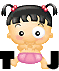 Pixelated cartoon girl with black pigtails and red bows, wearing pink diaper-like clothing, standing against gray background.