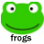 Green frog face with large white eyes and black pupils, smiling expression; text below reads 'frogs' in lowercase letters.
