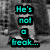 Pixelated grayscale background with teal text blocks changing from 'He's not a freak.' to 'He's skater!'