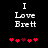 Pixelated text 'I Love Brett' above red heart symbols on black background, with animated heart positions changing.