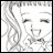 Pixelated grayscale anime-style icon shows a smiling character with closed eyes and long hair on left, black background with white text on right.
