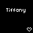 Black background with white pixelated text 'Tiffany' on left and right, two white heart symbols below center.