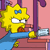 Pixelated cartoon character with yellow hair and blue dress holds a silver object, standing against pink and purple background.