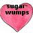 Three pink watercolor hearts with black text: 'sugar-wumps', 'AND', and 'puffer-doodle<3' on white background.