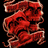 A static pixelated image of a red, stylized, abstract shape with curved edges and dark internal voids against a black background.