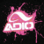 Pixelated pink and white icon with abstract shapes, a central spiral, and angular patterns on a black background.