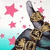 A pixelated cat with brown and black stripes lies on a gradient background of white and turquoise, surrounded by pink stars.