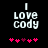 Pixelated text 'I Love Cody' with pink and purple heart symbols below on black background, showing animation change in heart colors.