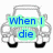 Six identical gray car icons arranged in two of three, each with blue text on a light cyan background, displaying a continuous phrase about dying peacefully in a car
