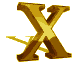 Golden 3D letter X with metallic sheen, each instance has a small yellow arrow beneath it on white background.