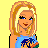 Pixel art of a blonde woman in blue denim shorts and a light blue top with colorful accents, standing against a yellow background.