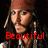 Pixelated image of a person with long hair and a red head covering, holding a sword, with red text reading 'Beautiful' overlaid at the bottom.