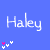 Blue background with white 'Haley' text and animated pink/white heart trails forming diagonal paths.