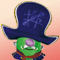 Pixelated cartoon character with green body, purple nose, and oversized blue pirate hat against pink gradient background.