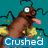 Pixelated insect-like creature with brown body, white eyes, pink tongue, and black antennae against teal background with yellow spots.