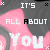 Pixelated text 'IT'S ALL ABOUT YOU' on pink and gray background with small X symbols.