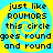 Pixelated text reads "just like ROUMORS this circle goes round and round" over a yellow spiral on cyan background, with two identical static frames shown side-by-side.