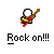 Pixelated icon of a figure with white circular head holding brown guitar, red accents on body, and 'Rock on!!!' text below.