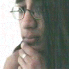Two side-by-side figures with glasses; left figure has long dark hair and hand near mouth, right figure has hand on head.