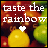 Pixelated image with text 'taste the rainbow' over colorful fruit shapes and a heart symbol.