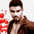 Static pixelated image of a man with short brown hair and facial stubble wearing an open brown jacket over a bare chest, with red heart-shaped particles floating on the left side against a white background.