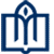 A blue and white pixelated icon featuring a stylized key shape within a rectangular frame, with a circular element at the top center.