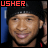 A contact sheet of three animated frames showing a person with dark hair wearing a black beanie and red clothing against a blue background, each frame displaying the text "USHER" in different colors above the subject's head.