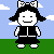 Pixel art character with black hair, white bow, and black outfit on blue sky background with clouds.