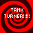 Four identical red and black spiral patterns with white text reading "TANK TURNER!!!!!" arranged in a