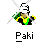 Pixelated character with white helmet, green and yellow clothing, brown skin, holding a yellow object against gray background.