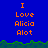 Blue background with orange text reading "I Love Alicia Alot" repeated across multiple , green pixelated grass border at bottom, gray on right side