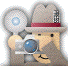 Pixelated cartoon character with light brown skin, wearing a gray fedora with red band and holding silver camera with blue lens.