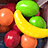 Pixelated fruit bowl with green apples, orange oranges, red berries, and a yellow banana on bright green background.