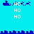 Pixelated blue and white icon with repeated 'HO' text, two ship-like shapes, and a running figure on a cyan background.