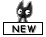 Black and white pixelated cat-like figure with large eyes stands above rectangular 'NEW' label on gray background.