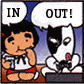 Animated cartoon scene with two characters at a desk, one speaking 'IN' and the other 'OUT!' in speech bubbles across four